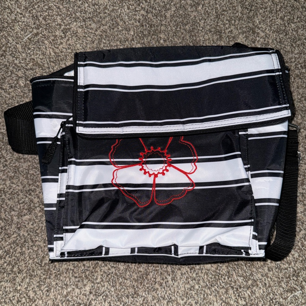Thirty-One Black and White Striped thermal lunch bag